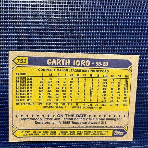 Baseball Card Garth Iorg (Toronto Blue Jays) - Picture 2 of 2